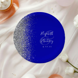 Moderne Zilveren Glitter Royal Blue Wedding Papieren Bordje