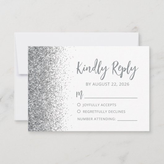 Moderne Zilveren Glitter Schrift Wit RSVP Kaartje (Voorkant)