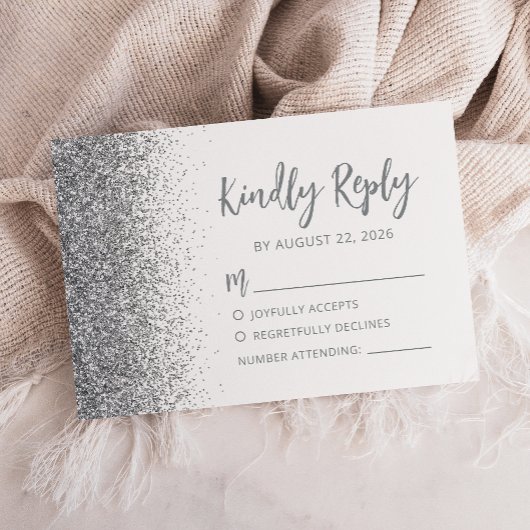 Moderne Zilveren Glitter Schrift Wit RSVP Kaartje