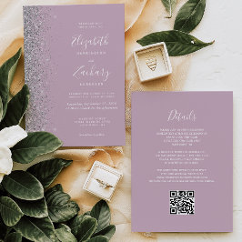 Moderne Zilveren Glitter Stof Lilac QR Code Huweli Kaart