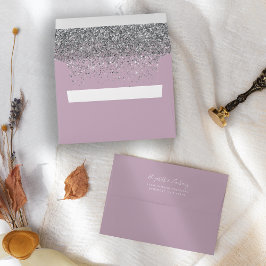 Moderne Zilveren Glitter Stof Paarse Trouw Envelop