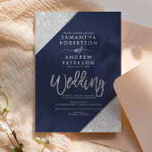 Moderne zilveren glitter-typografie navy blue brui kaart