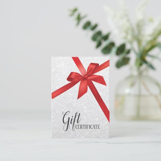 Moderne zilveren glitter vakantie cadeaubonnen kortingskaartje (Staand voorkant)