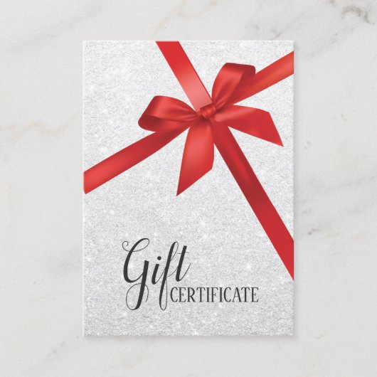 Moderne zilveren glitter vakantie cadeaubonnen kortingskaartje (Voorkant)