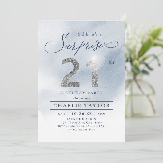 Moderne zilveren glitter-volwassenenverrassing 21s kaart (Staand voorkant)