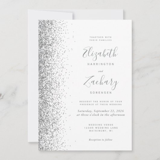 Moderne Zilveren Glitter Witte QR Code Huwelijk Kaart (Voorkant)