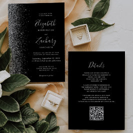 Moderne Zilveren Glitter Zwarte QR Code Huwelijk Kaart