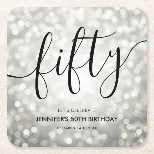 Moderne Zilveren Glitterlichten 50ste Verjaardag Kartonnen Onderzetters (Voorkant)