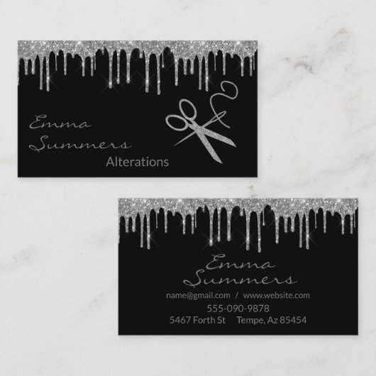 Moderne zilveren glitterschaar-doorloopwijzigingen visitekaartje (Voorkant / Achterkant)