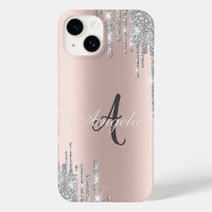 Moderne zilveren glitterslierten, roze goud, Monog Case-Mate iPhone 14 Hoesje