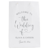 Moderne Zilveren Hart Script Welkom Bruiloft Medium Cadeauzakje (Voorkant)