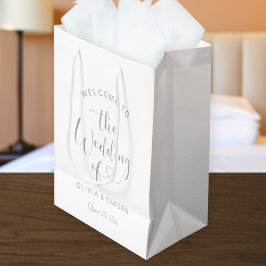 Moderne Zilveren Hart Script Welkom Bruiloft Medium Cadeauzakje