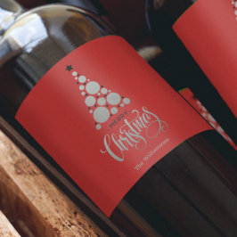 Moderne Zilveren Kerstboom op Rood Wijn Etiket