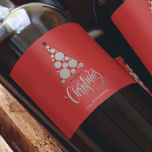 Moderne zilveren kerstboom op rood wijn etiket