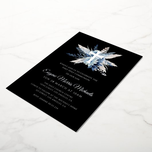 moderne zilveren kruis eerste gemeenschap folie uitnodiging (Gedraaid)