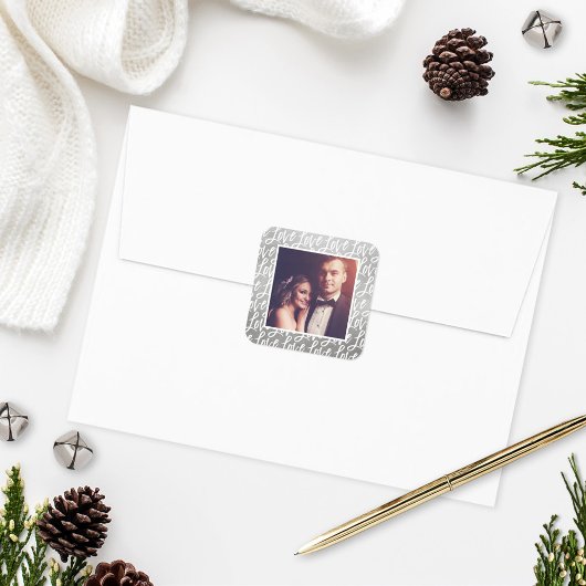 Moderne Zilveren Liefde in Script Trouwfoto Vierkante Sticker