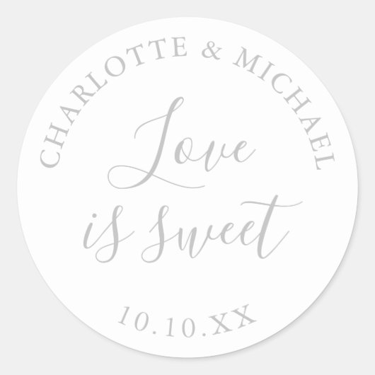 Moderne zilveren liefde is zoete bruiloft gunst ronde sticker (Voorkant)