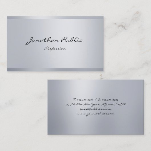 Moderne zilveren look elegante handgeschreven scri visitekaartje (Voorkant / Achterkant)