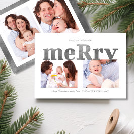 Moderne zilveren “Merry” typografie foto familieka Feestdagenkaart