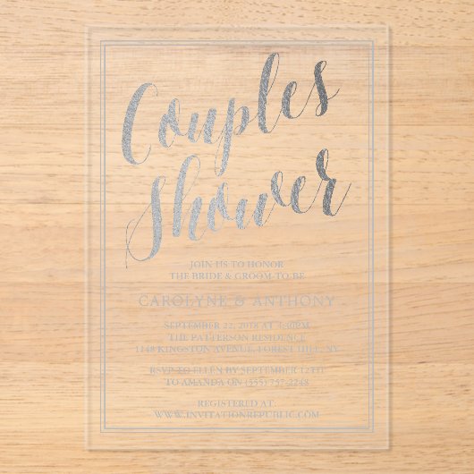 Moderne, zilveren oliefabrikaten die weduwen acryl uitnodigingen (Voorkant)