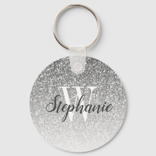 Moderne Zilveren Ombre Nep Glitter Monogram Sleutelhanger