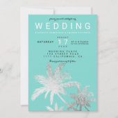 Moderne zilveren palmbomen blauwgroen elegante bru kaart (Voorkant)