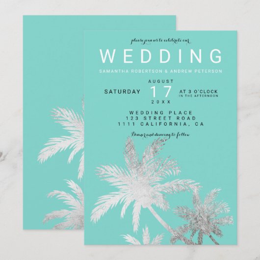 Moderne zilveren palmbomen blauwgroen elegante bru kaart (Voorkant / Achterkant)
