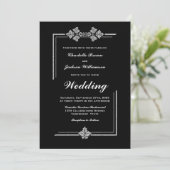Moderne zilveren rand zwart bruiloft kaart (Staand voorkant)