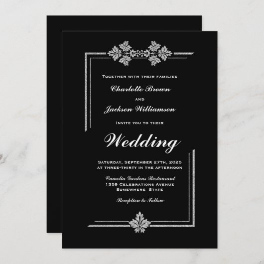 Moderne zilveren rand zwart bruiloft kaart (Voorkant / Achterkant)