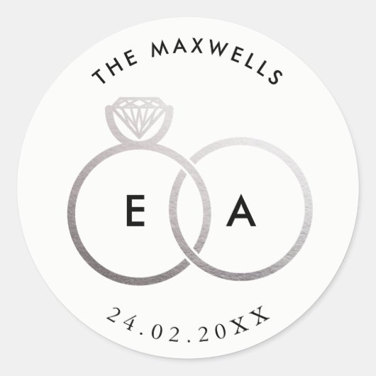 Moderne zilveren ringen aangepaste bruiloft Sticke Ronde Sticker (Voorkant)