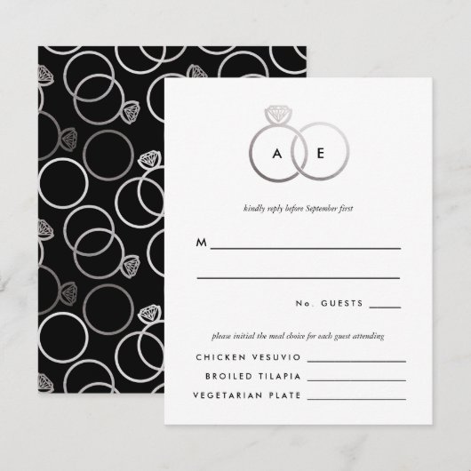 Moderne Zilveren Ringen Bruiloft RSVP Reageer Kaar (Voorkant / Achterkant)