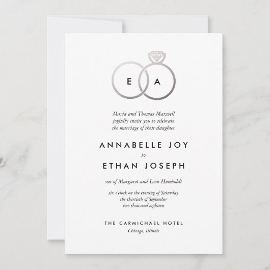 Moderne zilveren ringen bruiloft uitnodiging (Voorkant)