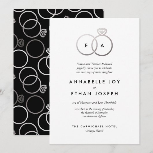 Moderne zilveren ringen bruiloft uitnodiging (Voorkant / Achterkant)