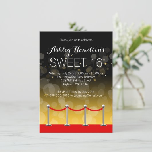 Moderne zilveren rode tapijt Hollywood Sweet 16 Kaart (Staand voorkant)