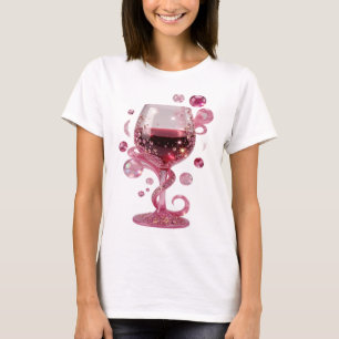 Moderne Zilveren ROZE GLAS WIJN Print T-shirt