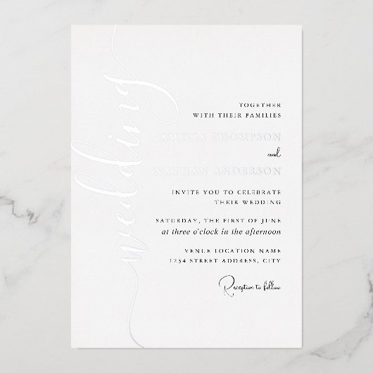 Moderne Zilveren Script Bruiloft  Folie Uitnodiging (Voorkant)