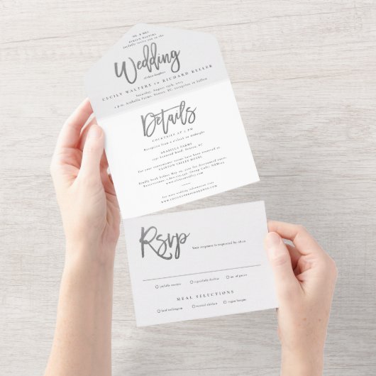 Moderne zilveren script trouw-RSVP All In One Uitnodiging (Afscheurbaar)