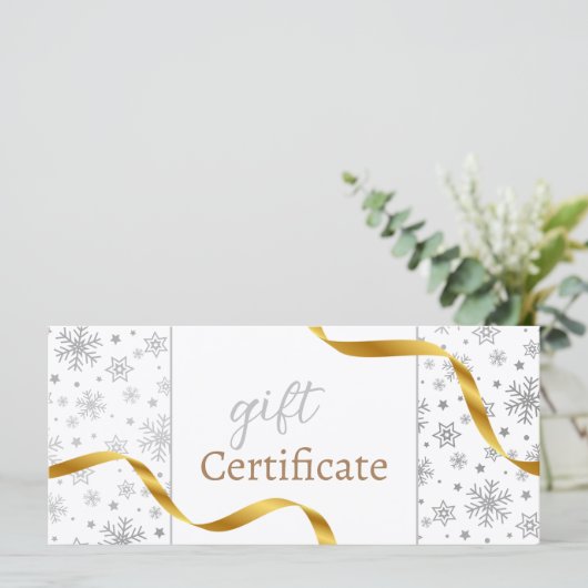 Moderne, zilveren sneeuwvlokken Gold Ribbon-kaartj (Staand voorkant)