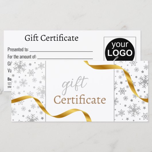 Moderne, zilveren sneeuwvlokken Gold Ribbon-kaartj (Voorkant / Achterkant)