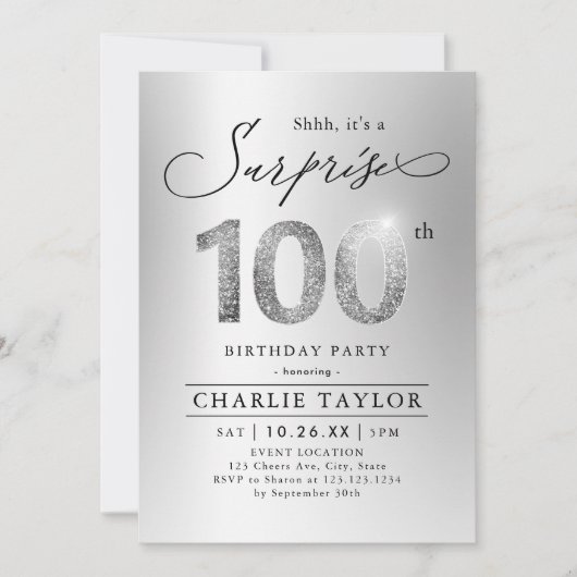 Moderne zilveren volwassene verrassing 100e verjaa kaart (Voorkant)