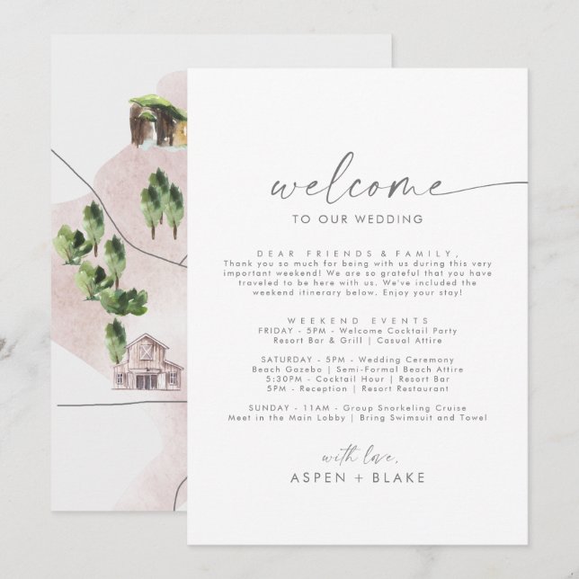 Moderne, zilveren welkomstbrief rondweg en kaart (Voorkant / Achterkant)