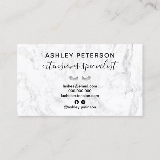 Moderne zilveren wimpers trendy witte marmer visitekaartje (Achterkant)
