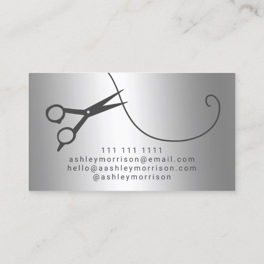 Moderne zilveren zilverschaar met haarstylist visitekaartje (Achterkant)