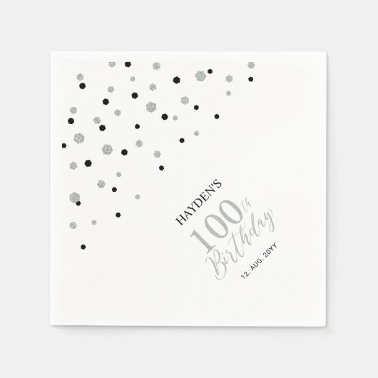 Moderne zilveren & zwarte 100e verjaardag Party se Servet (Voorkant)