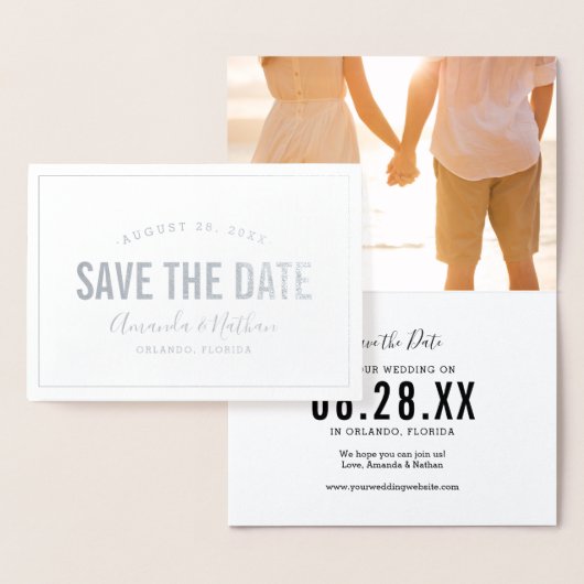 Moderne zilverfolie foto Save the Date Kaart (Display)