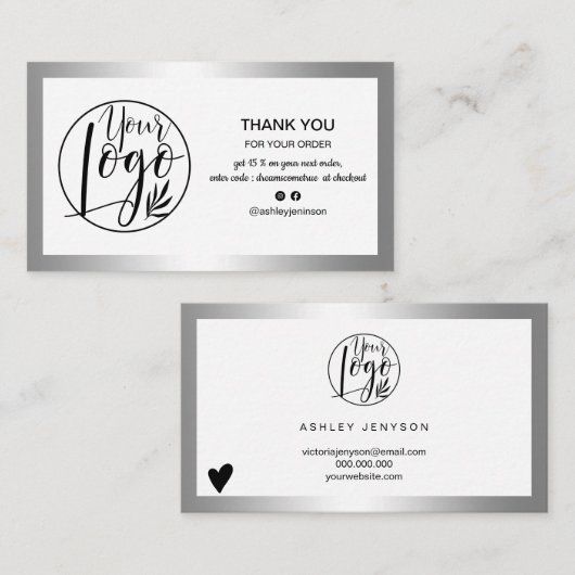 Moderne zilverfolie logo bedankt visitekaartje (Voorkant / Achterkant)