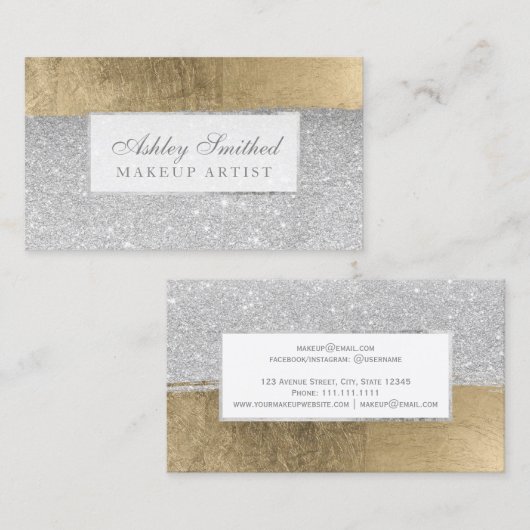 Moderne zilverglitter goudborstels make-up visitekaartje (Voorkant / Achterkant)