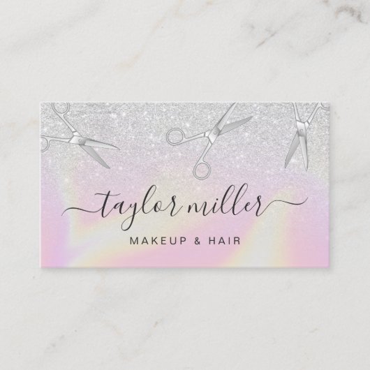 Moderne zilverglitter holografische haarstylist visitekaartje (Voorkant)