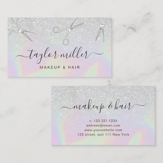Moderne zilverglitter holografische haarstylist visitekaartje (Voorkant / Achterkant)
