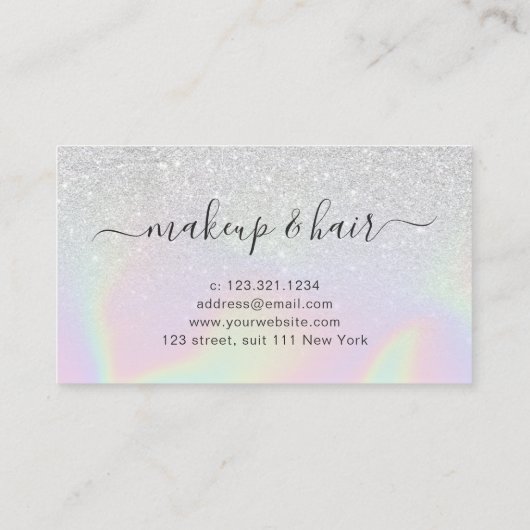 Moderne zilverglitter holografische haarstylist visitekaartje (Achterkant)